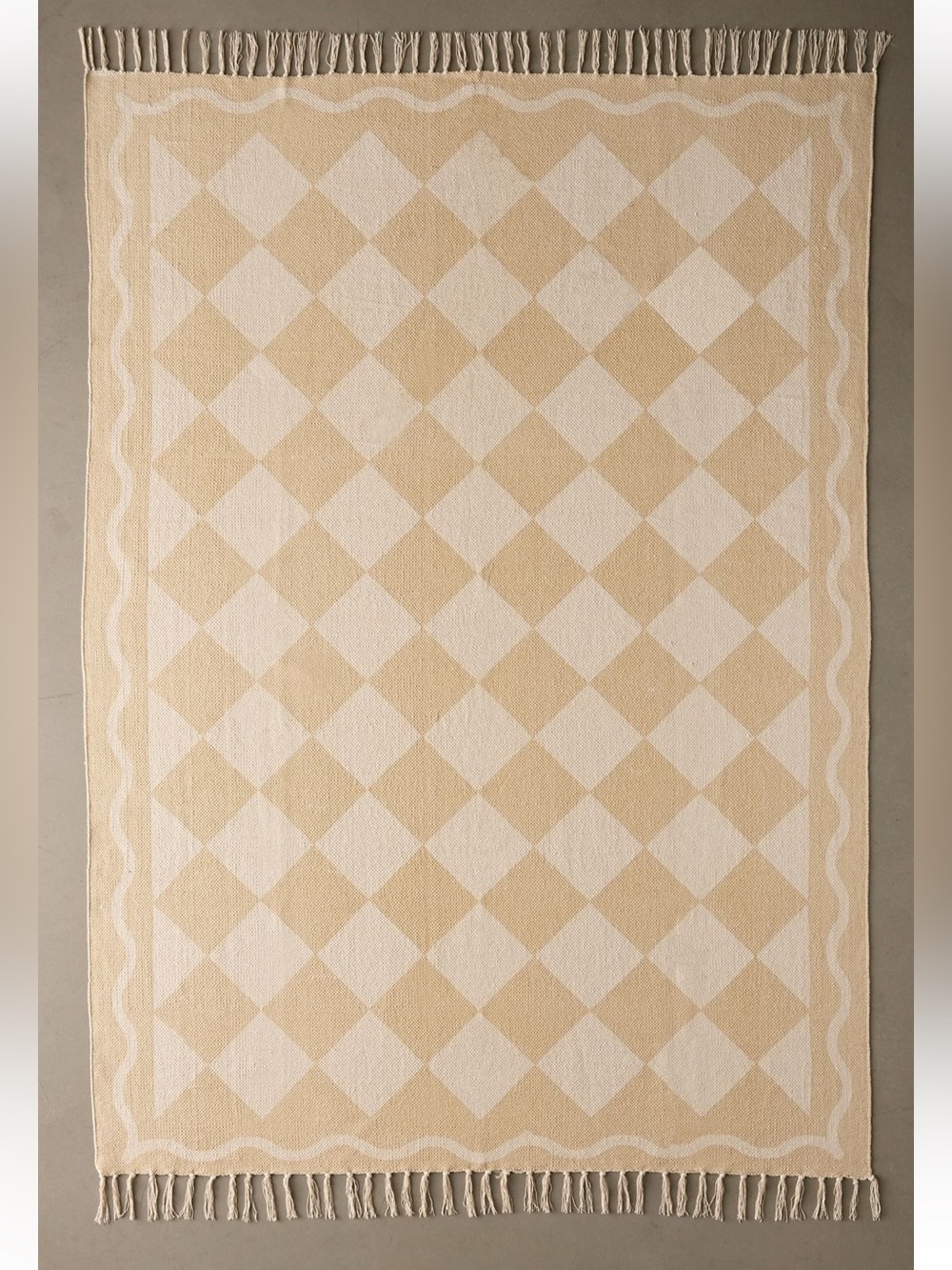 ✨ UO Home Diamond Screen Printed Rug 5x7 Cream White Cotton Fringe